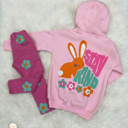 "Stay Kind" Pink Bunny 2-Piece Girls Set (Hoodie + Flower Pants)