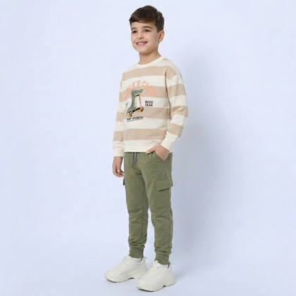 "Rider's Club" Boys Cargo Set (Striped Sweatshirt + Olive Cargo Pants)