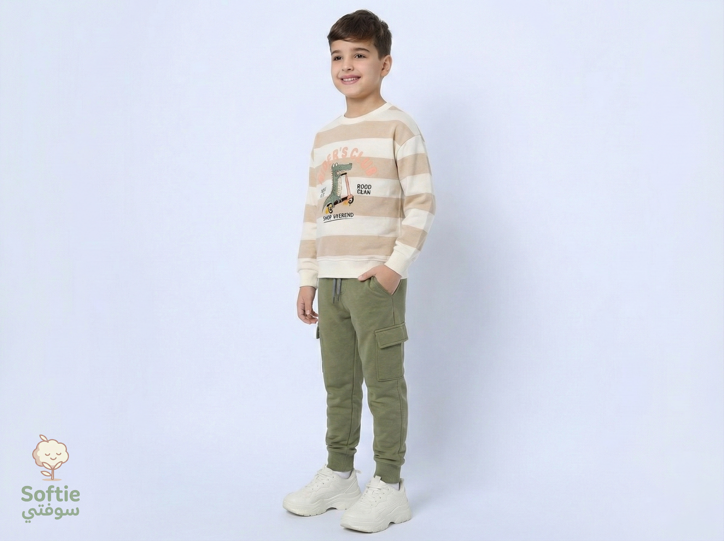 "Rider's Club" Boys Cargo Set (Striped Sweatshirt + Olive Cargo Pants)