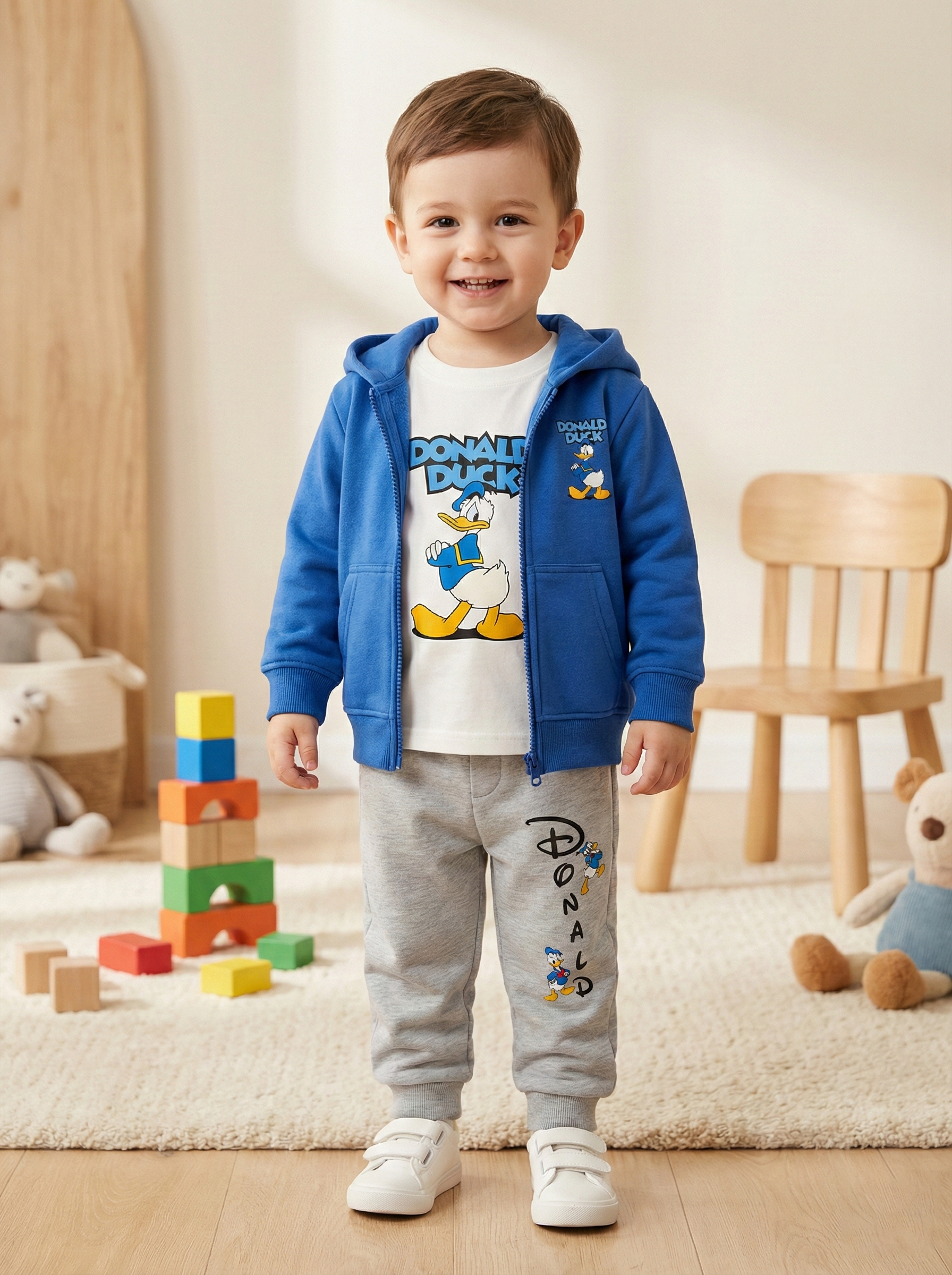"Donald Duck" 3-Piece Boys Set (Blue Hoodie + Tee + Grey Pants)