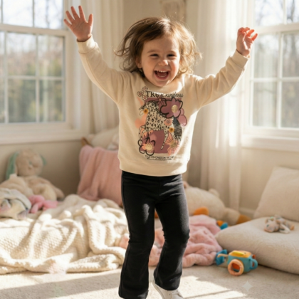 "True Kindness" Unicorn Girls Set (Cream Sweatshirt + Black Flare Pants)