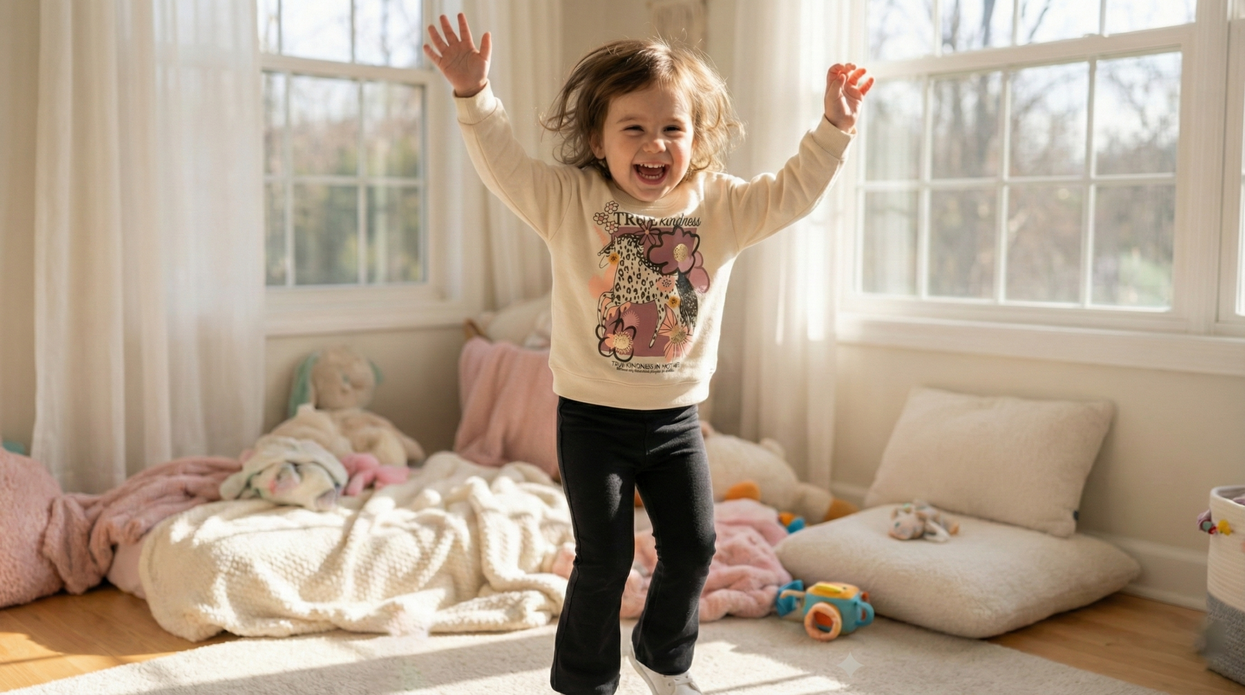 "True Kindness" Unicorn Girls Set (Cream Sweatshirt + Black Flare Pants)