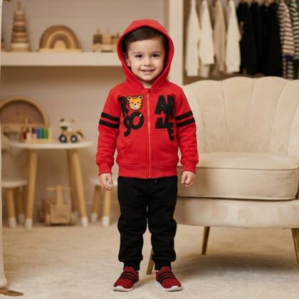 "Roar Some" Tiger 2-Piece Boys Set (Red Zip Hoodie + Black Pants)
