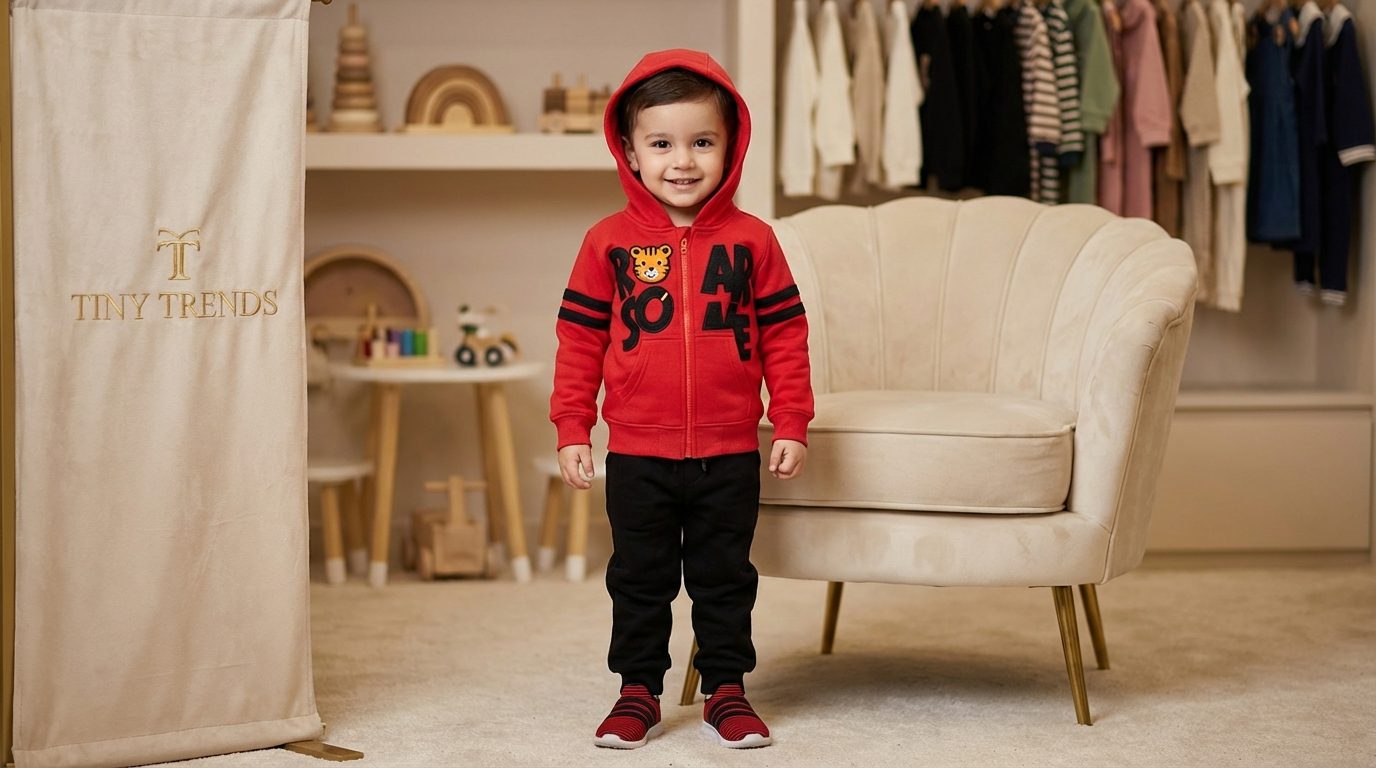 "Roar Some" Tiger 2-Piece Boys Set (Red Zip Hoodie + Black Pants)