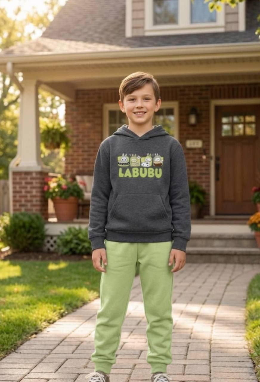 "Labubu" Unisex Trendy Set (Grey Hoodie + Lime Green Pants)