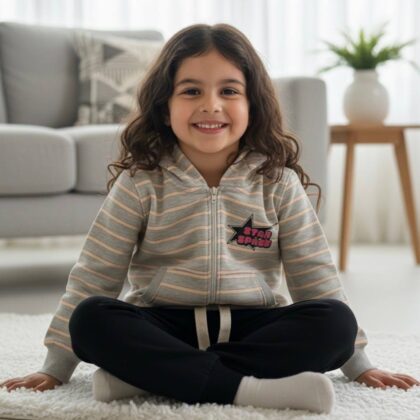 "Star Space" Striped Zip-Up Girls Set (Grey Hoodie + Black Pants)