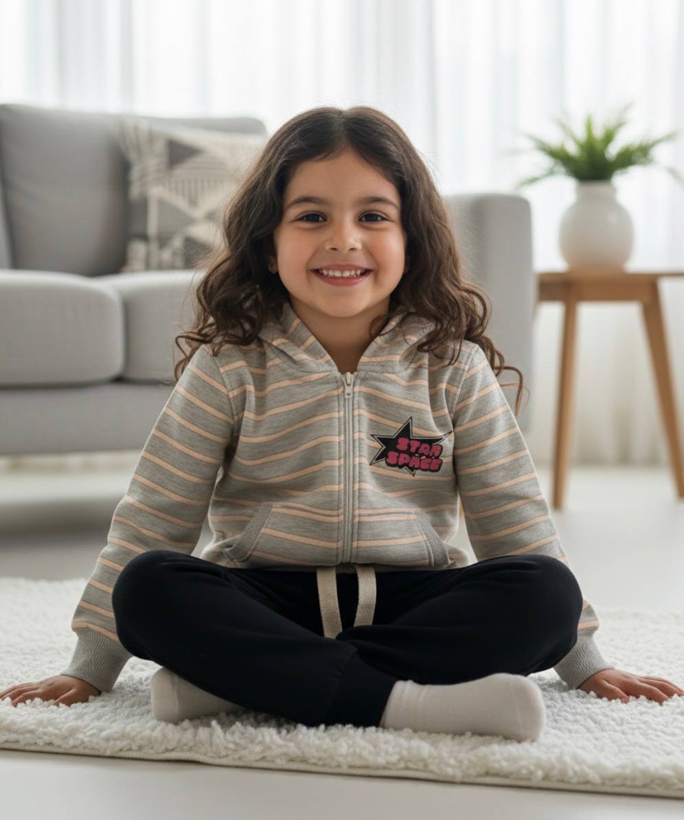 "Star Space" Striped Zip-Up Girls Set (Grey Hoodie + Black Pants)