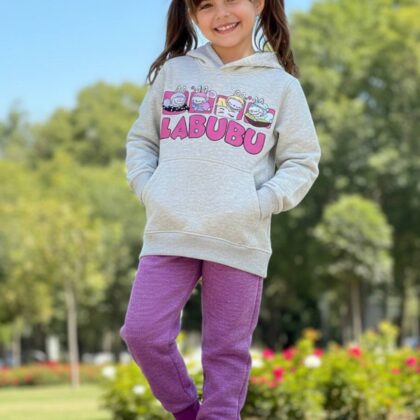 "Labubu" Girls Trendy Set (Oatmeal Hoodie + Purple Pants)