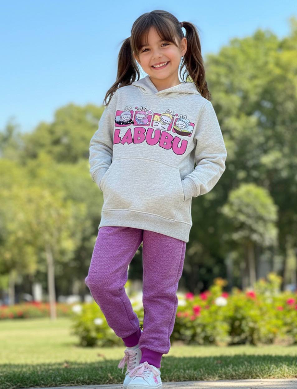 "Labubu" Girls Trendy Set (Oatmeal Hoodie + Purple Pants)